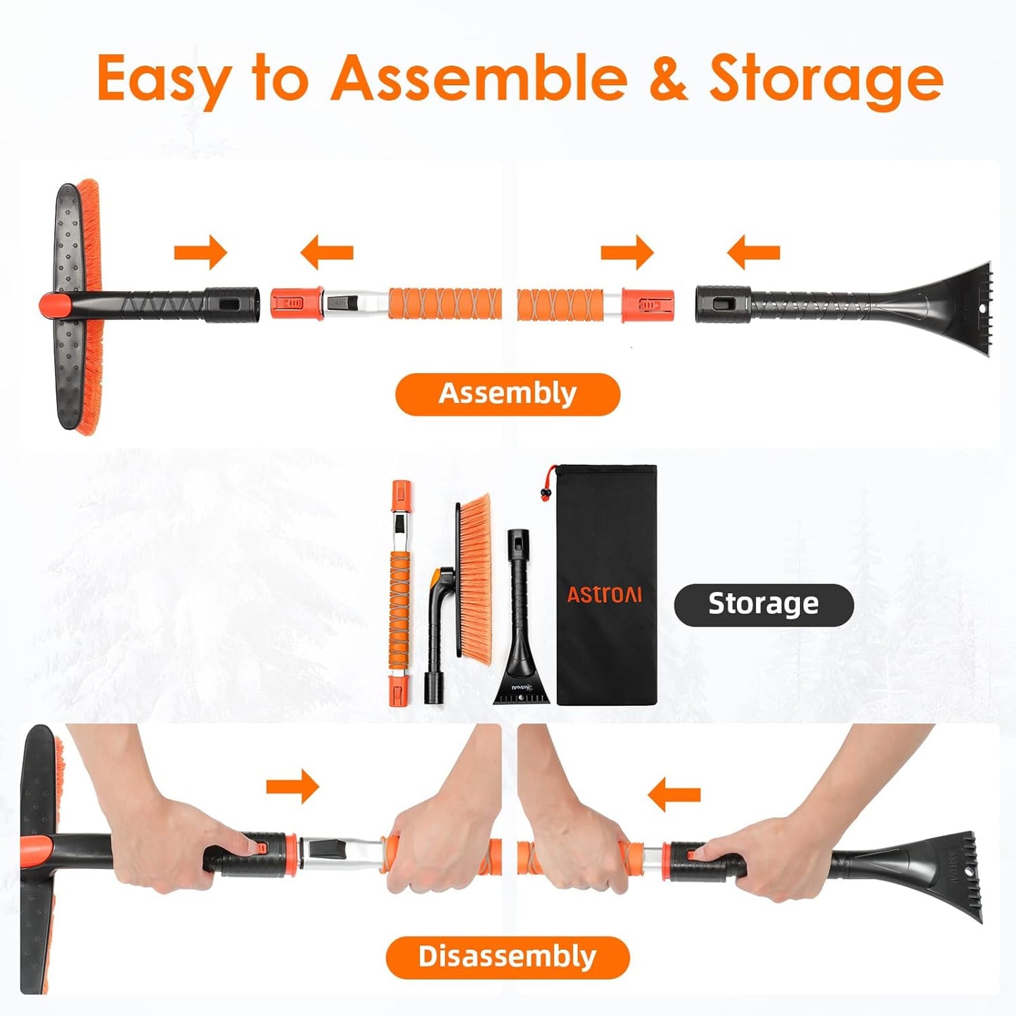 AstroAI 47.2" Ice Scrapers for Car Windshieldand Extendable Snow Brush with Foam Grip and 360° Pivoting Brush Head for Car Auto Truck SUV(Orange)