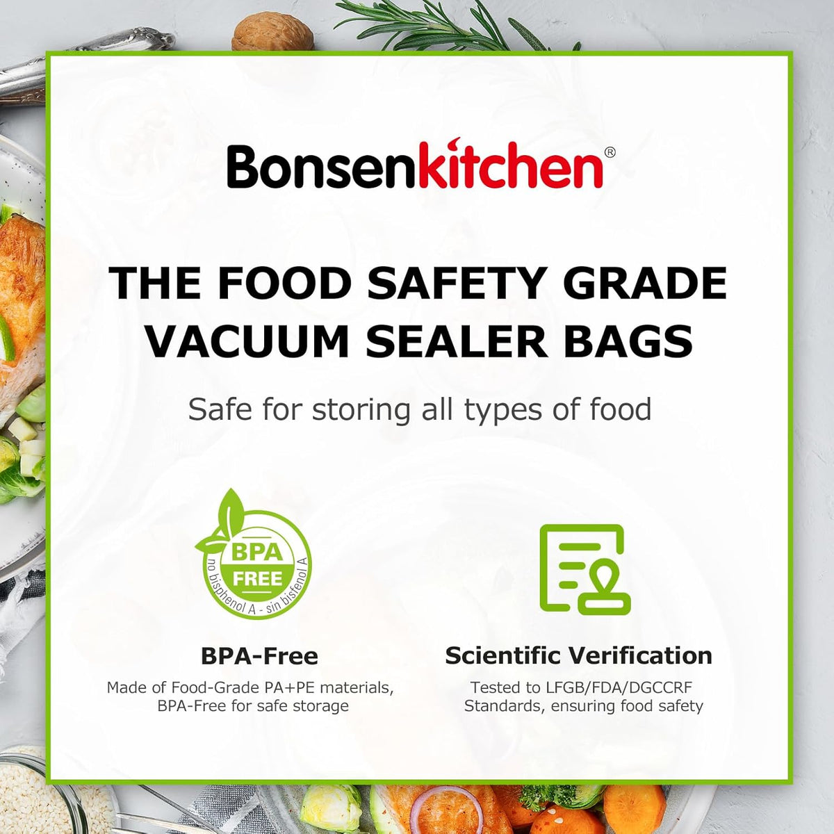 Bonsenkitchen Vacuum Sealer Bags, 8" x 50' Rolls 2 pack for Food Storage Saver, Bpa Free, Heavy Duty, Commercial Grade Textured Food Roll, Customized Size Bag for Sous Vide Cooking,VB3209