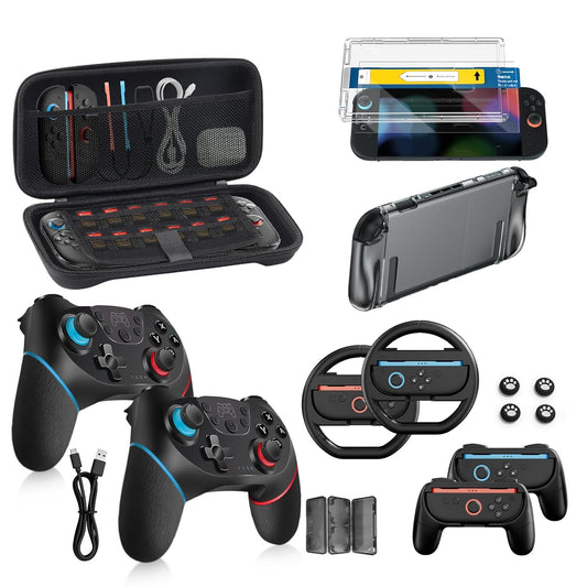 Pro Controllers Accessories Bundle for Nintendo Switch 2 18-in-1: Carrying Case, Screen Protector, Thumb Grip for Joycon, Dockable Console Protective Cover Shell, Steering Wheel, 2025 Switch2 Game Kit