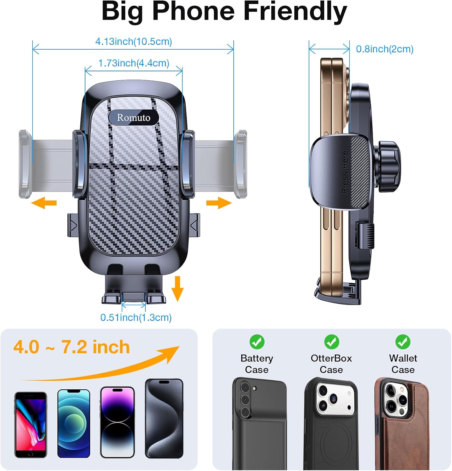 Romuto Phone Holders for Your Car Phone Holder Mount【Super Suction】 Cell Phone Mount for Car Accessories for Women Men Dashboard/Windshield/Vent Truck Stand Camera Mounts for iPhone Samsung