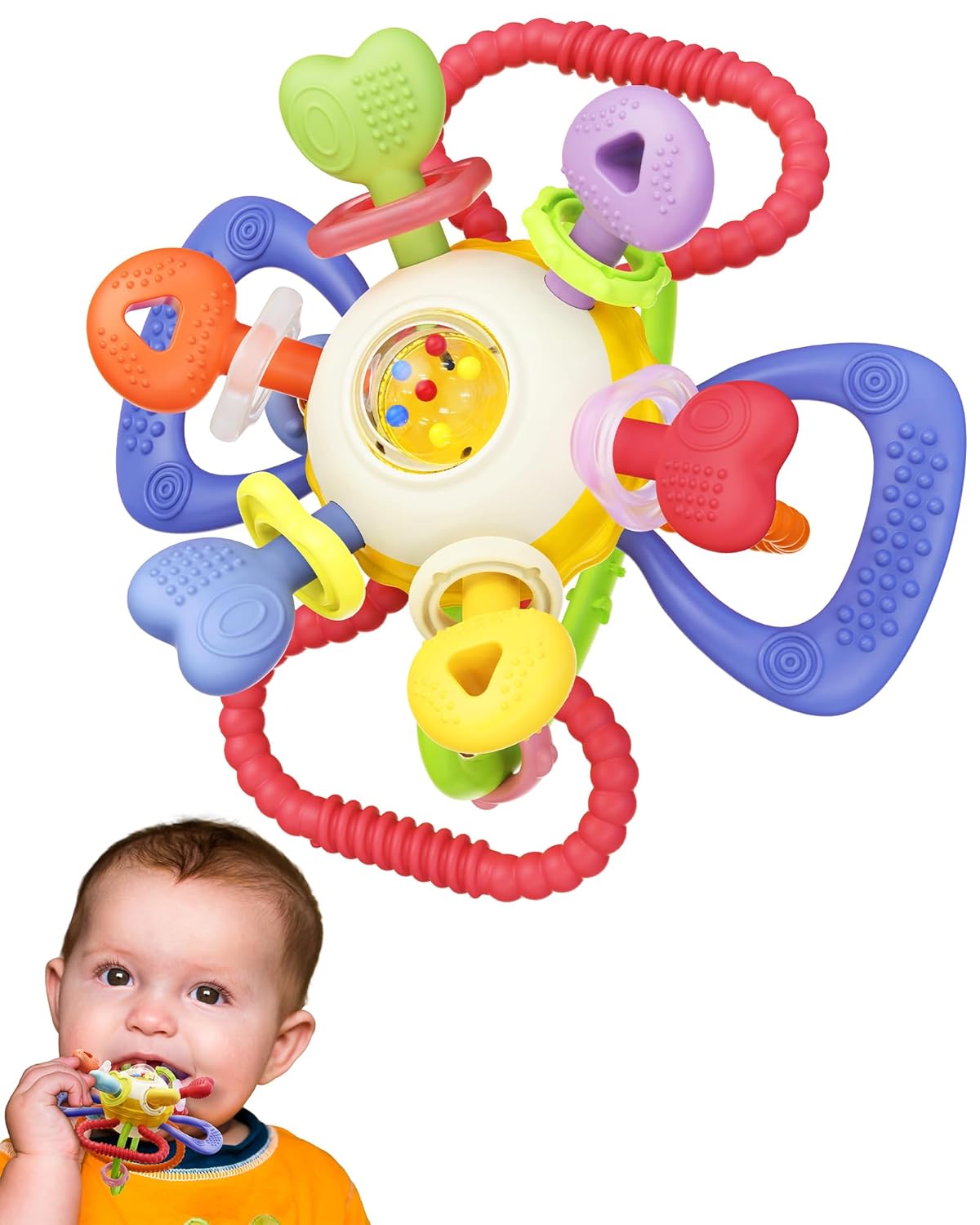 Baby Montessori Sensory Teething Toy - Safe, Multi-Functional BPA-Free Silicone Teether for Babies 0-12 Months - Teething Relief & Fun Play with Rattle - Perfect Baby Toys for Boys & Girls