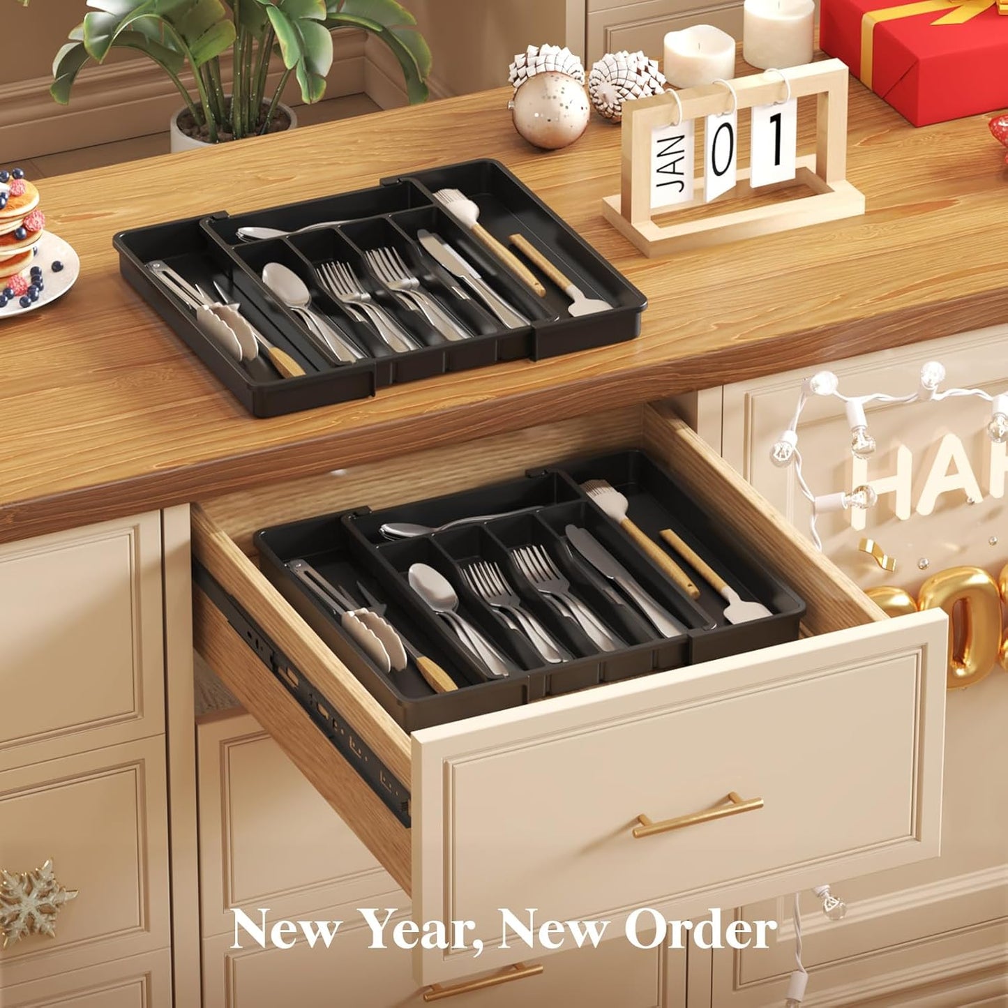 Lifewit Silverware Drawer Organizer, Expandable Utensil Tray for Kitchen, BPA Free Flatware and Cutlery Holder, Adjustable Plastic Storage for Spoons Forks Knives, 8.5-14 x 12", Black