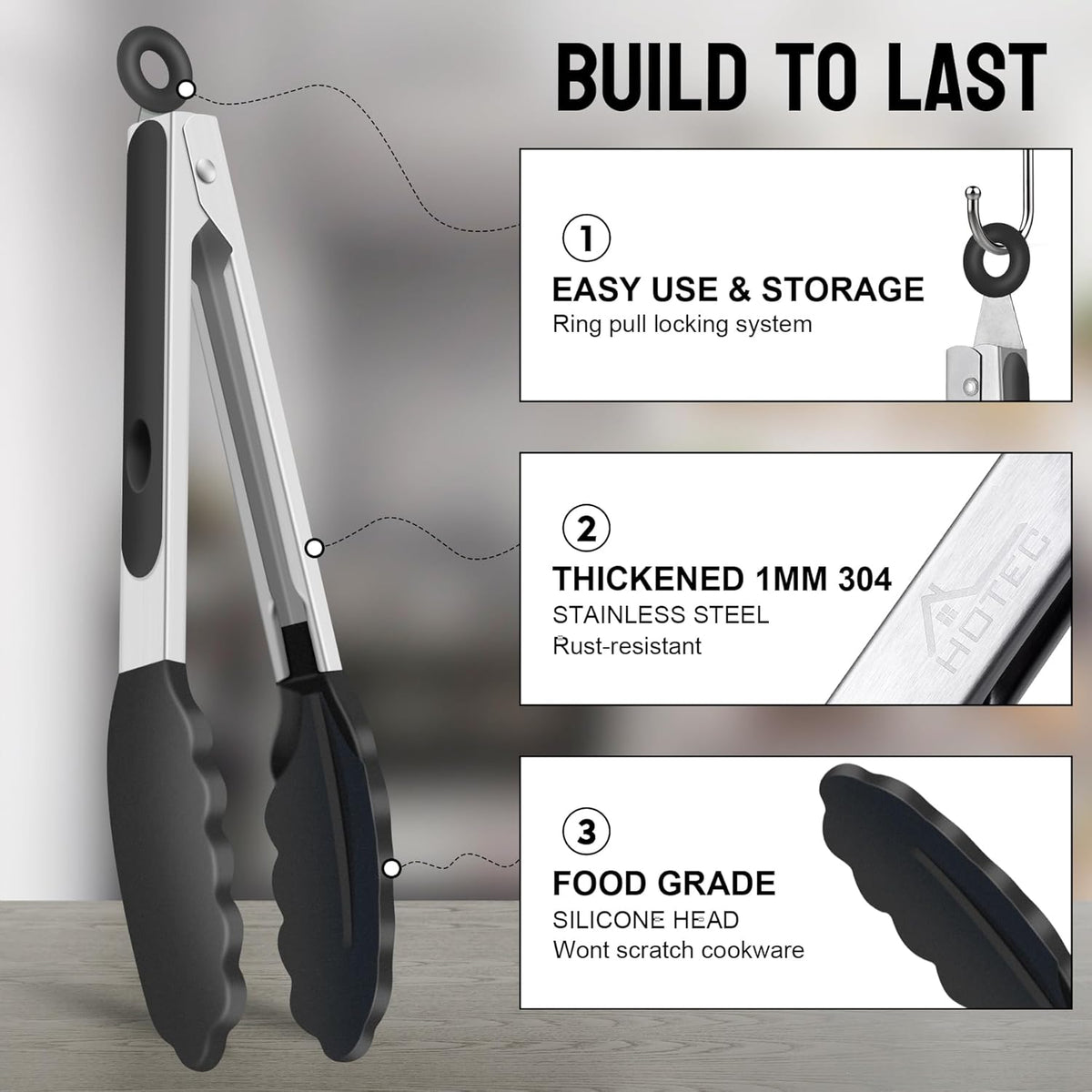 HOTEC Premium Stainless Steel Locking Kitchen Tongs with Silicon Tips, Set of 2-9" and 12"