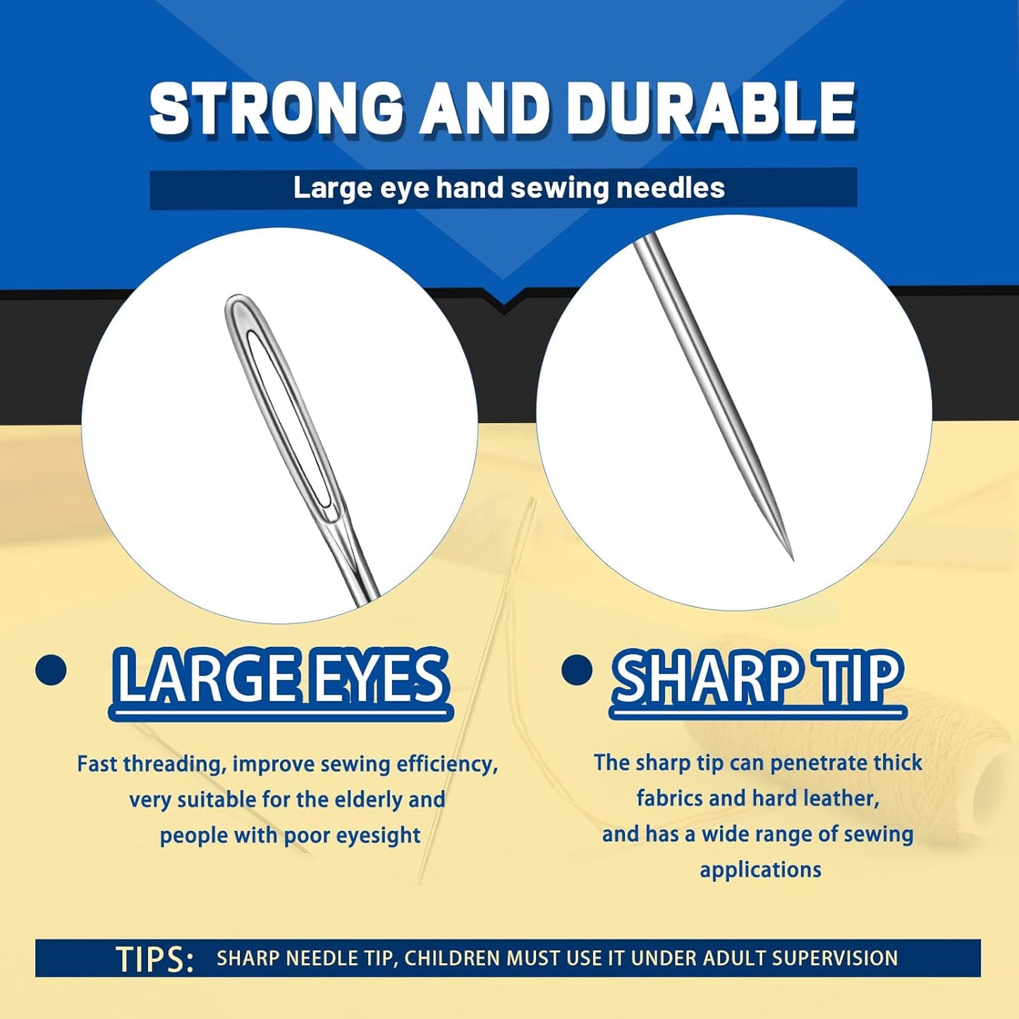 35 Pcs Large Eye Sewing Needles, 7 Size Sewing Sharp Needles for Handsewing, Leather Embroidery Thread Needle, Stainless Steel Yarn Knitting Needle with Threader, Thimble for Crafts, Repair, Quilting
