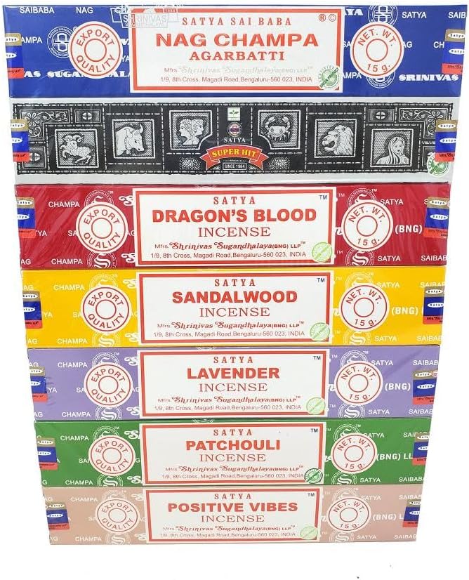 Satya Incense Gift Set Nag Champa, Super hit, Dragon's Blood, Sandalwood, Patchouli, Lavender, Positive Vibes, 15 g