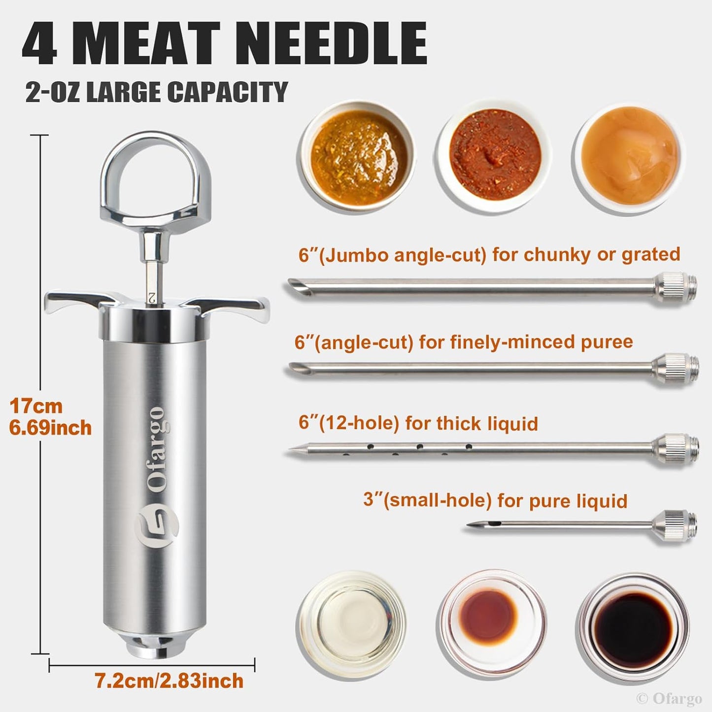 Ofargo Stainless Steel Meat Injector Syringe Kit with 4 Marinade Needles for BBQ Grill Smoker, Valentines Day Gifts for Men Dad Husband Him, 2-oz Large Capacity, Both Paper User Manual and E-Book Recipe