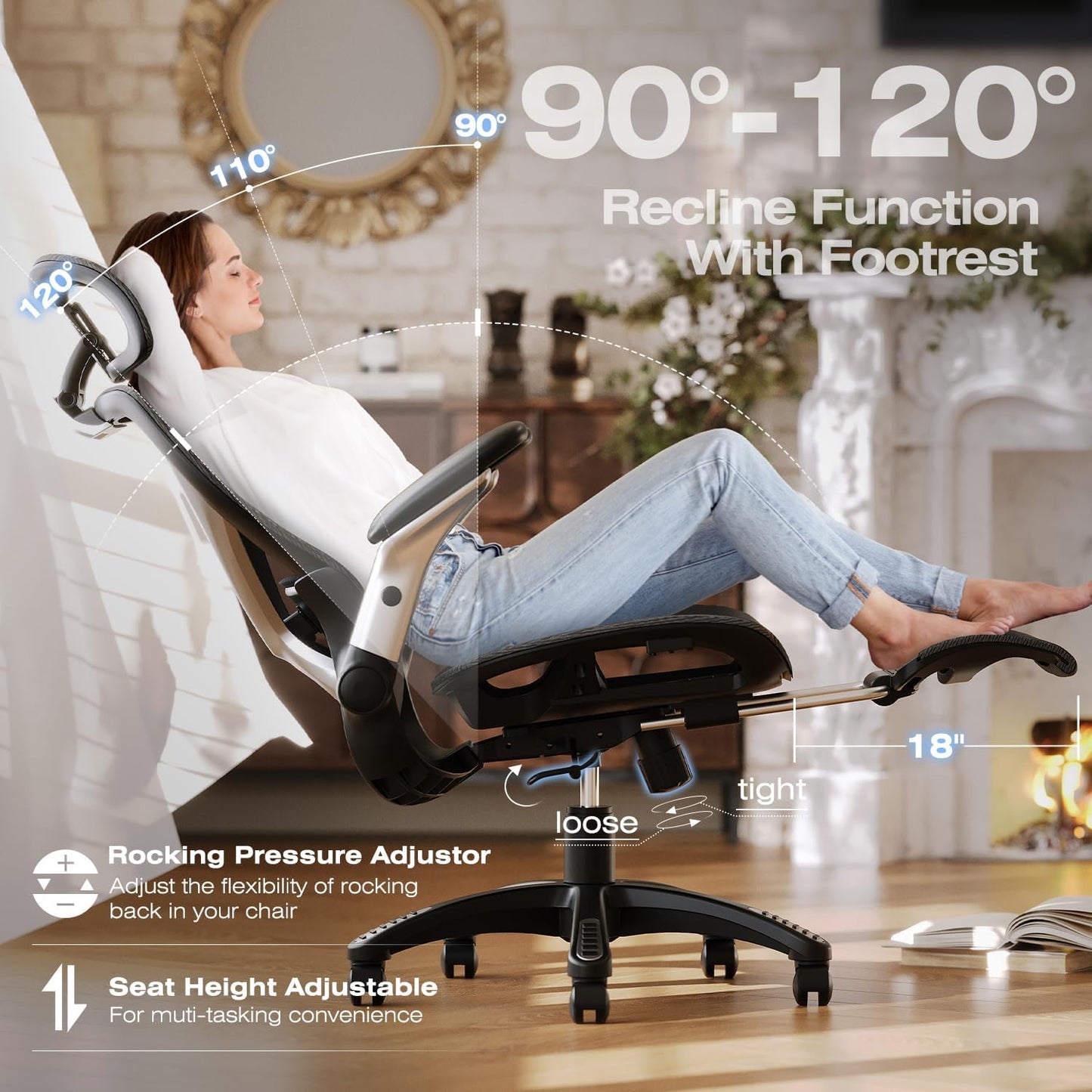 ELABEST X100 Ergonomic Mesh Office Chair with Footrest, Big and Tall Hone Desk Chair with 5D Flip-Up Arms, Adjustable 3D Lumbar Support,Gaming & Executive Computer Chairs