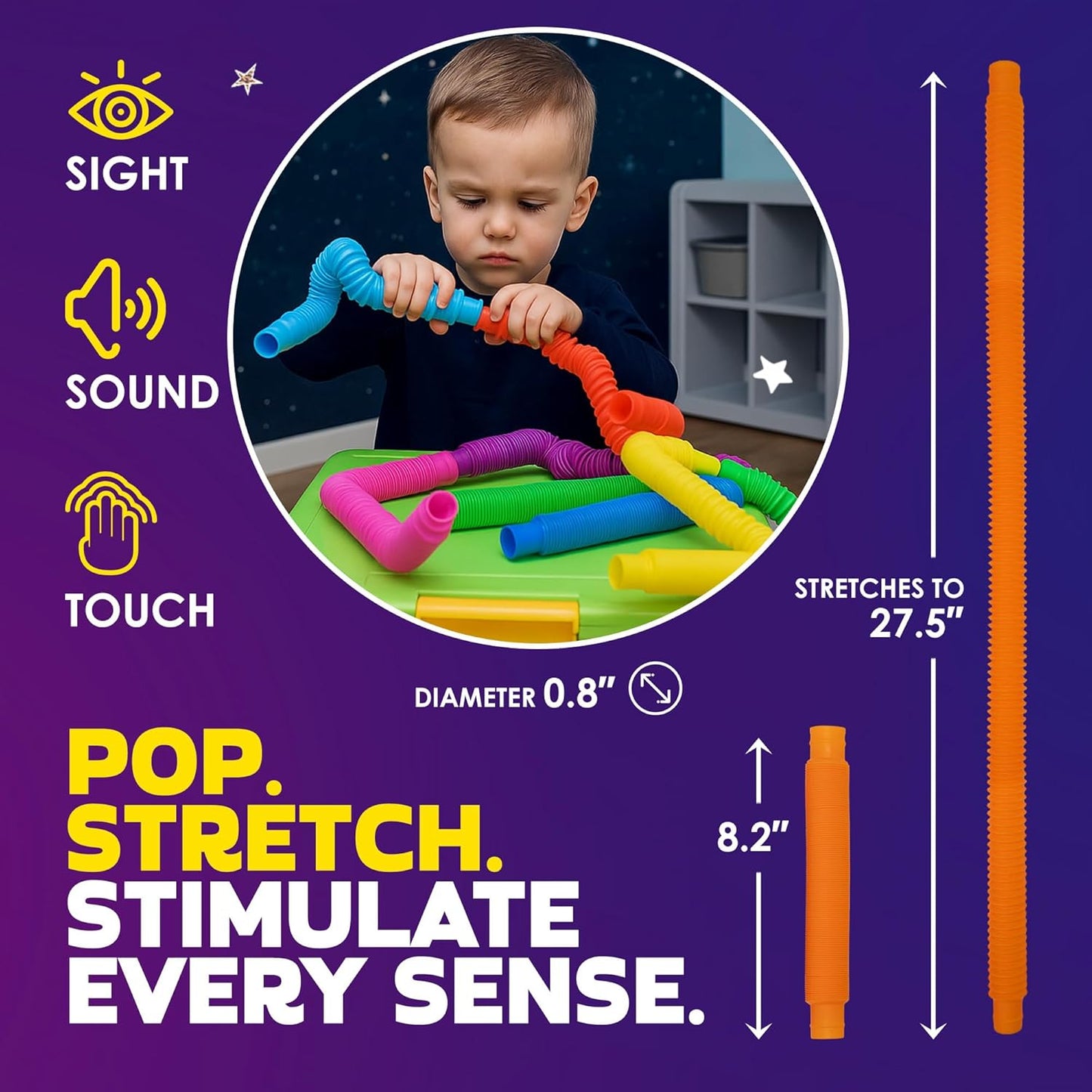 Nutty Toys Pop Tubes - Large 8-Pack Sensory Toys - Creative STEM Learning for Kids & Toddlers - Connect & Pop! Top ADHD Autism Fidget 2026, Best Boy & Girl Valentines Day and Easter Basket Gifts Idea