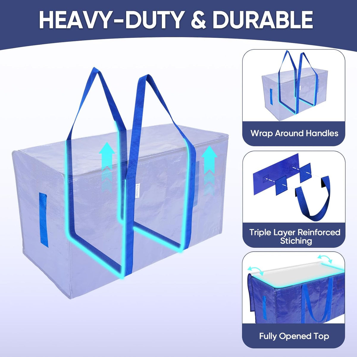 TICONN 6-Pack Extra Large Moving Bags with Zippers & Handles – Heavy-Duty Waterproof Storage Totes (24-Gallon)