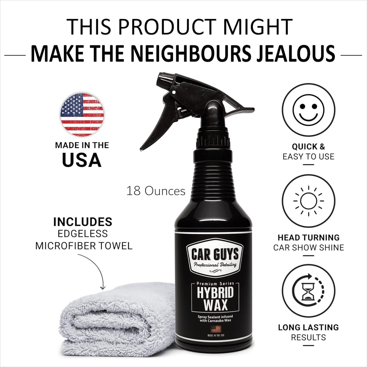 CAR GUYS Hybrid Spray Wax - Advanced Car Wax Sealant - Deep High Gloss in Minutes - Safe on Plastic & Rubber Trim, Paint & Glass - 18 Oz Kit with Towel
