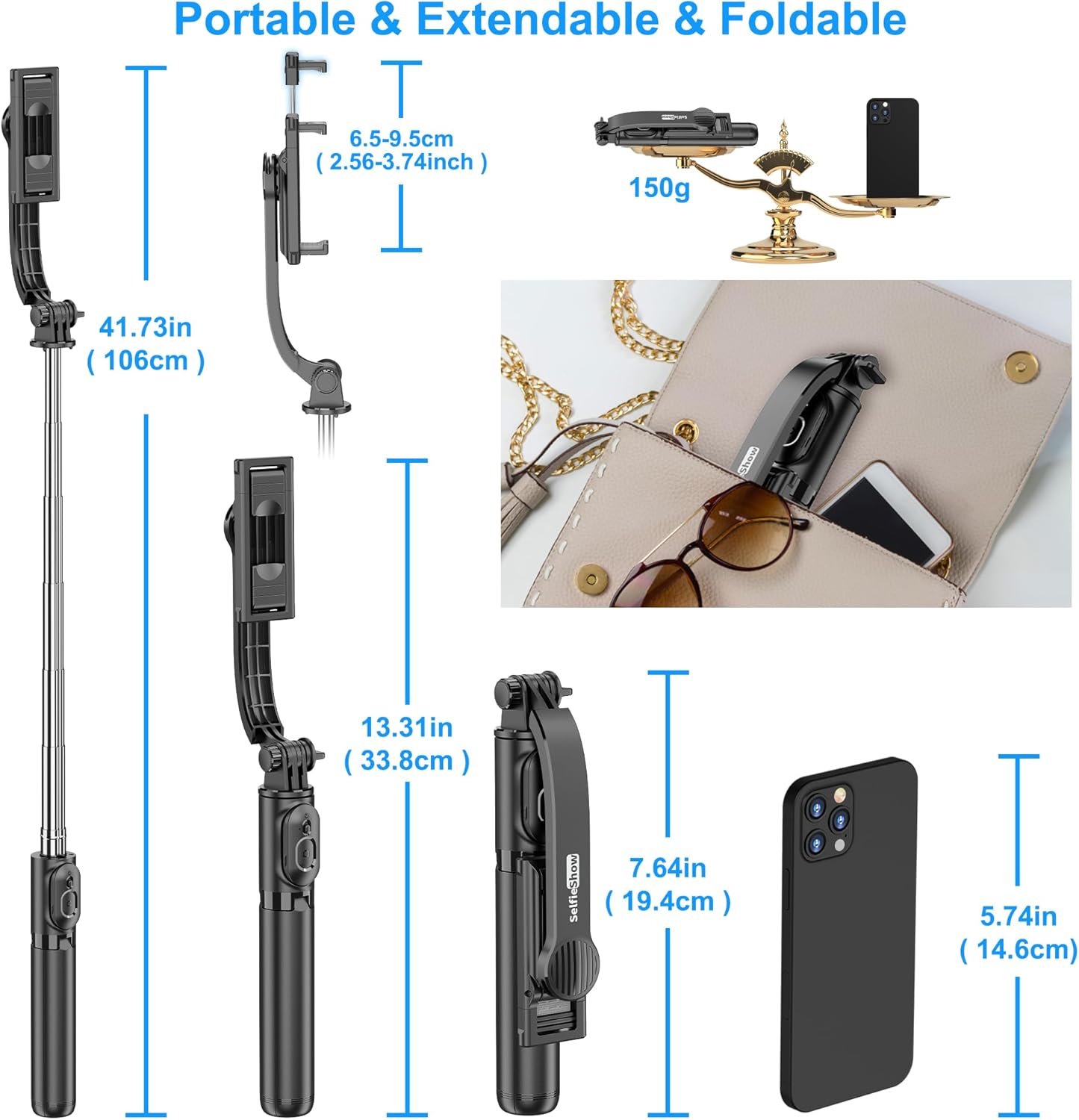 SelfieShow Extendable Selfie Stick Tripod – Wireless Remote, Portable & Lightweight for iPhone & Samsung