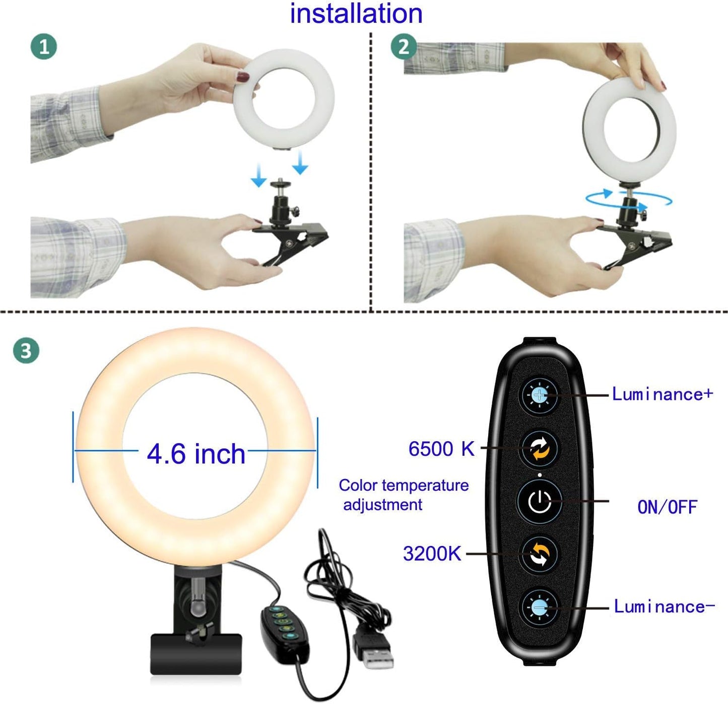 LED Ring Light Video Conference Lighting Kit, Dimmable 3200K–6500K Clip-On Light for Laptop, Phone & Monitor (Black)