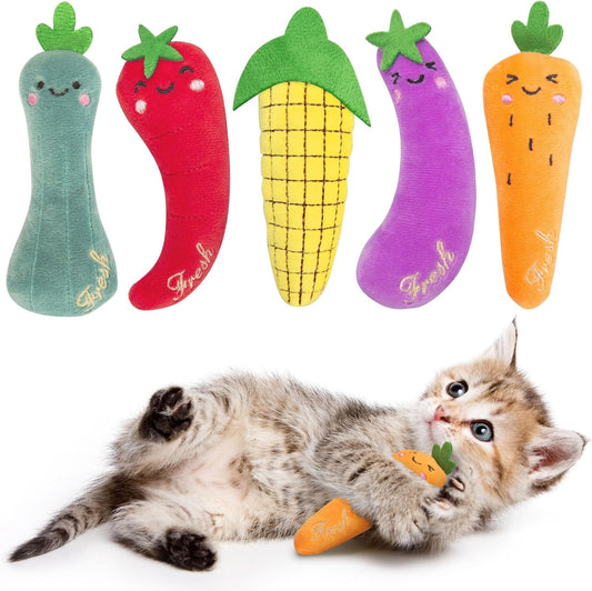 5 Pack Catnip Toys - Natural Catnip & Silvervine Inside Plush Cat Kicker Toys for Teeth Cleaning, Fun Vegetable Shape Interactive Chew Toys for Indoor Cats & Kittens