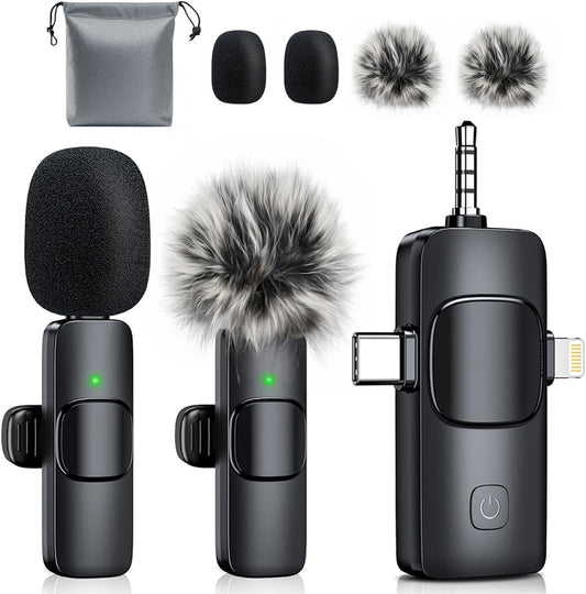 MENERESAS 3-in-1 Mini Microphone for iPhone: Wireless Lavalier Microphones for iOS/Android/Camera - Noise Reduction Lapel Mic, Clip on Mic for Video Recording Vlog, YouTube, Interview