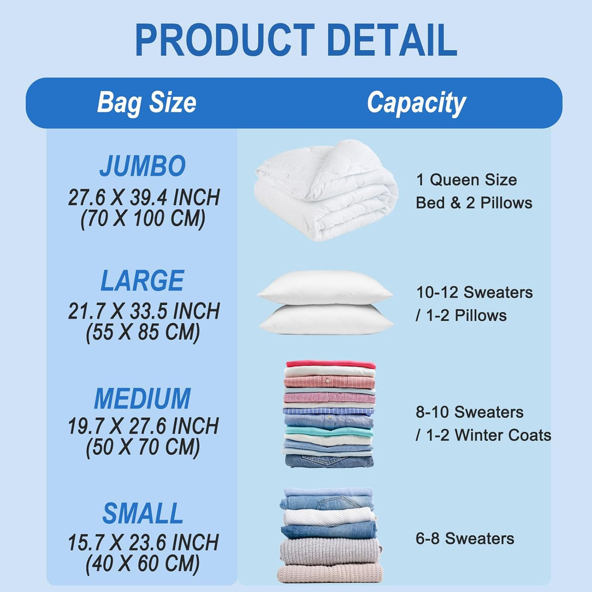 16 Combo Vacuum Storage Bags with Hand Pump, 4 Jumbo + 4 Large + 4 Medium + 4 Small Plastic Packaging Bags, 80% Space Saver Vacuum Seal Bags for Clothing, Travel Lugggage, Blankets, Comforters