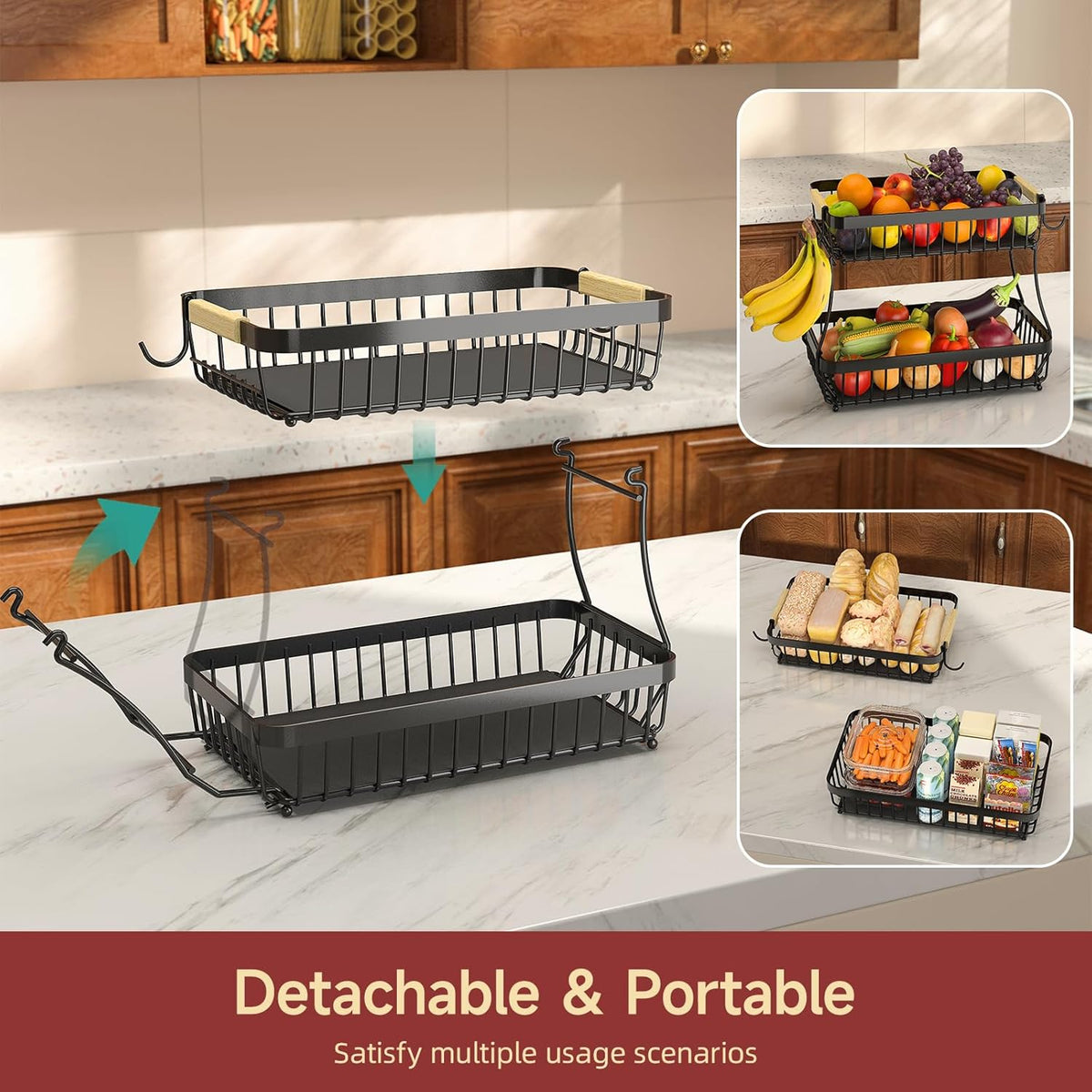 2 Tier Large Fruit Basket for Kitchen Counter with 2 Mobile Banana Hangers, 2026 Pro Detachable Metal Fruit Bowl with Wooden Handle, Fruit Holder for Bread Snack Veggies with Protective Mats