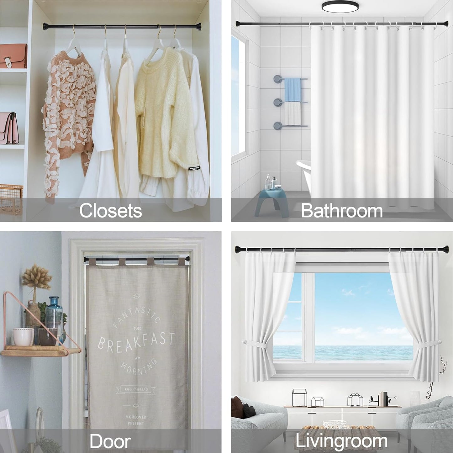 Shower Curtain Rod Adjustable 43-78 inch, 1"Diameter Spring Tension Curtain Rod No Drill, Anti-Rust Non-Slip Shower Rod, Black Shower Curtain Rod for Bathroom Tension