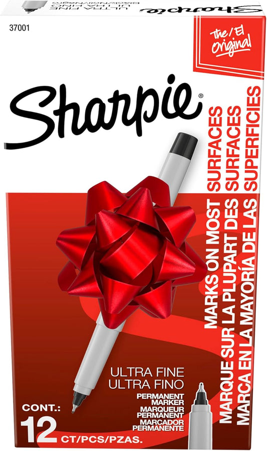 Sharpie Permanent Markers, Ultra Fine Tip, Black, 12 Count - For Classroom, Office, Home, Quick Drying, Fade Resistant, For Wood, Plastic, Paper, Metal, Ideal for Posters, Drawing, Coloring