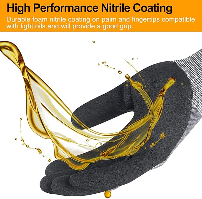 Safety Work Gloves MicroFoam Nitrile Coated-3/6/12/36 Pairs,Breathable Nylon Working Gloves for Men Women