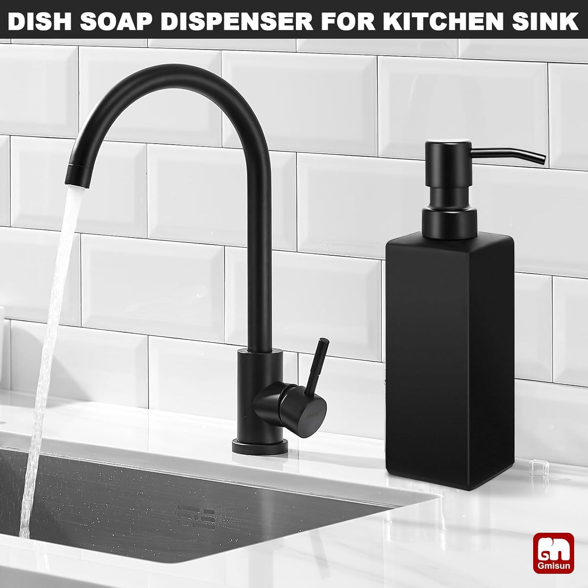GMISUN Black Soap Dispenser Bathroom, Glass Hand Soap Dispenser with Stainless Steel Pump, 12 fl oz/350ml Refillable Dish Dispensers for Kitchen, Modern Liquid Lotion Bottles for Bathroom Countertop