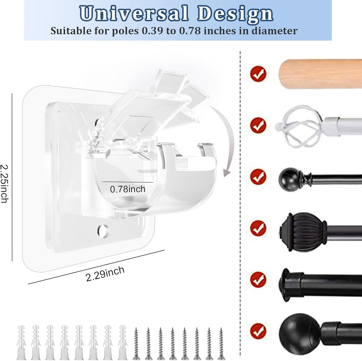 Codoule Self Adhesive No Drill Adjustable Curtain Rod Holder Hooks Brackets, Nail Free, No Drilling Hangers for Bathroom, Kitchen, Home, Bathroom and Hotel, Transparent, 8PCS