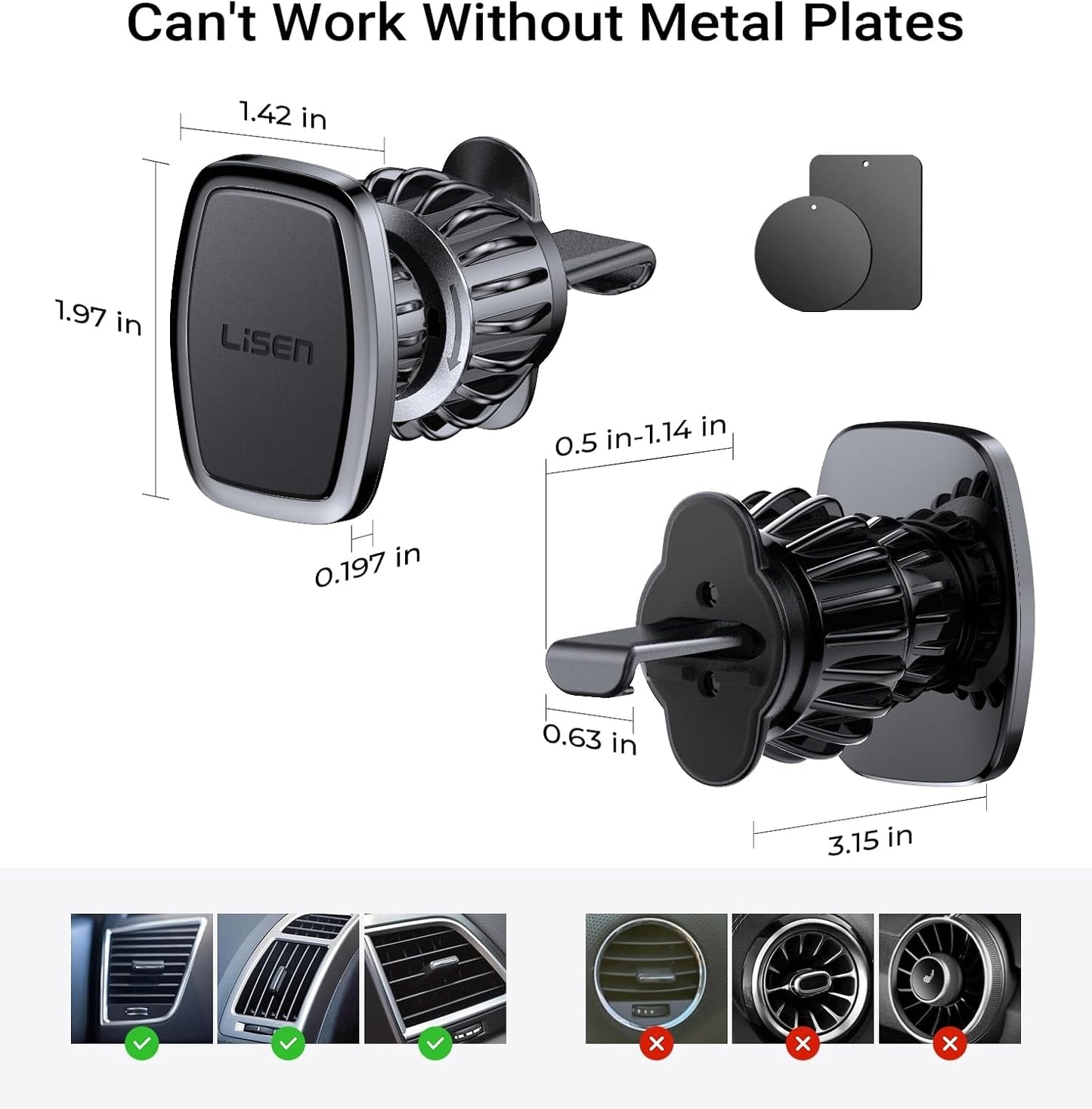 LISEN 2 Pack Magnetic Phone Holder for Your Car Magnet for Phone Car Mount Vent 6 Military Magnets Vent Cell Phone Holder Mount for Car Plate Fit All, Gifts for Women Men, Car Accessories