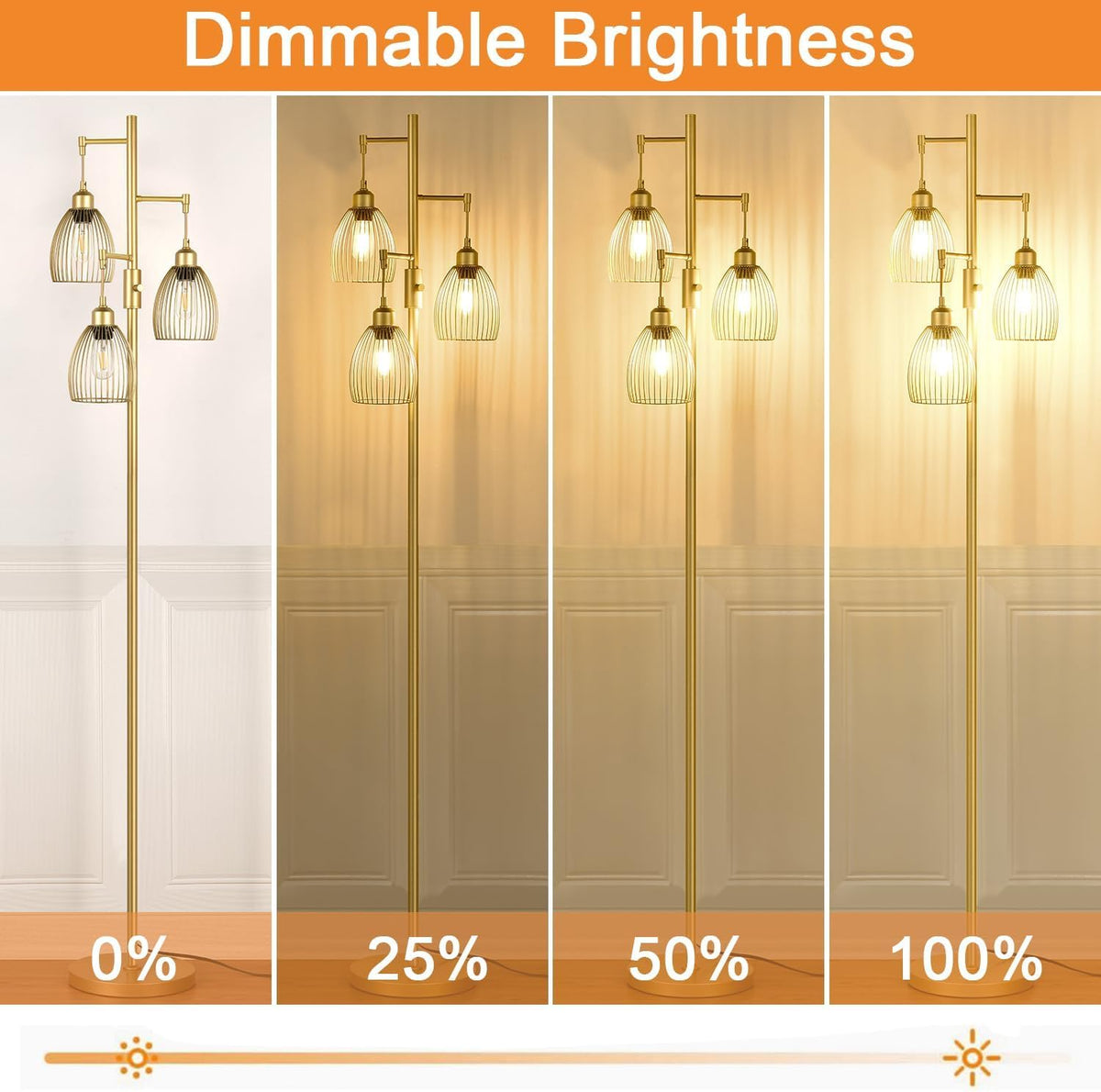 Dimmable Floor Lamp, Industrial Floor Lamps for Living Room, Gold Tree Lamp Standing Lamp Tall Lamps with 3 Elegant Teardrop Cage Head & 800 Lumens LED Bulbs for Living Room Bedroom Office