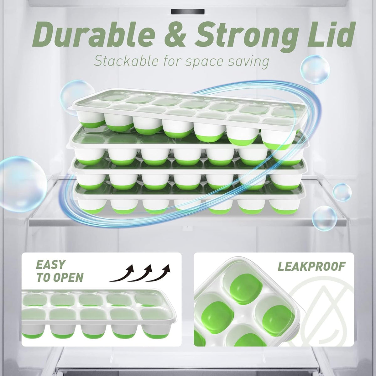 Ice Cube Tray with Lid, 4 Packs 56 Cubes Durable Stackable Ice Cube Trays for Freezer with Removable Lids, Easy-Release Plastic & Silicone Ice Tray for Cocktail, Coffee