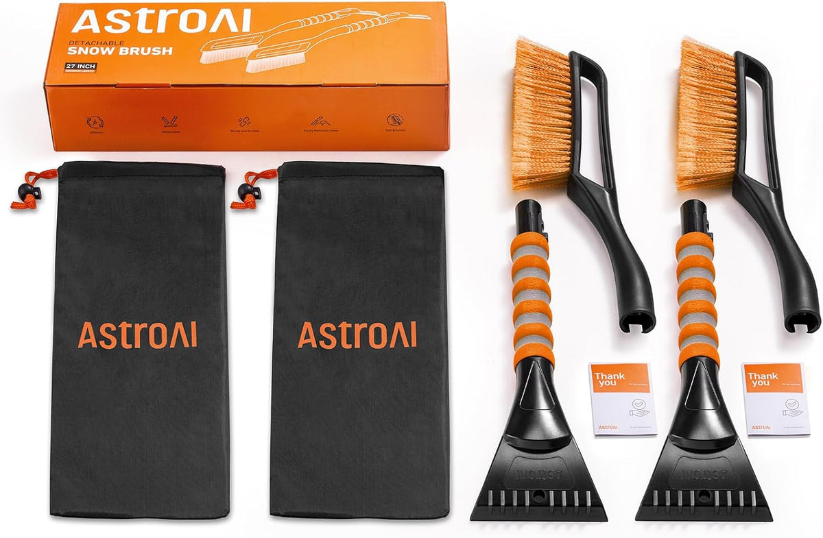 AstroAI 2 Pack 27" Snow Brush and Ice Scrapers for Car Windshield, Detachable Snow Scrapers with Ergonomic Foam Grip for Cars, Trucks, SUVs (Heavy Duty ABS, PVC Brush, Orange)