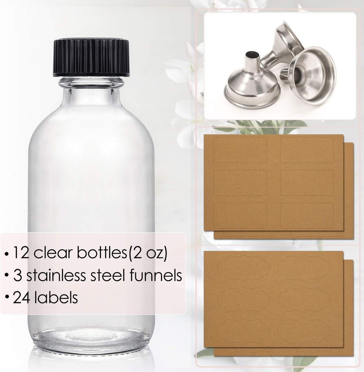 12 Pack, 2 oz Small Clear Glass Bottles w/Lid & 3 Funnels - 60ml Boston Shot Bottles for Health, Immunity, Potion, Wellness, Sample, Ginger, Juice - Mini Personal Care & Beauty Travel Bottle
