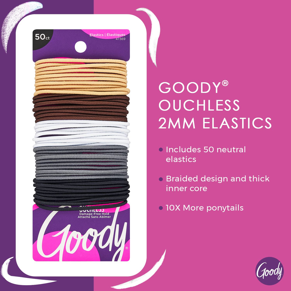 Goody Ouchless Hair Elastics – No Pull, No Breakage, Tangle-Free Hold for Fine Hair – 50 Count, Assorted Neutrals, Long-Lasting Ponytail Holders for Women & Men