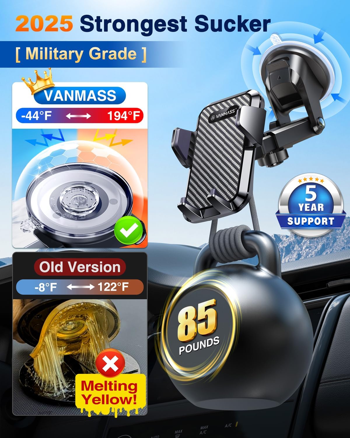VANMASS【85+LBS Strongest Suction & Military-Grade 2026 Ultimate Car Phone Mount【Patent & Safety Certs】 Cell Phone Holder Truck for Dashboard Windshield Vent for iPhone 17 Pro Max 16 15 for Samsung