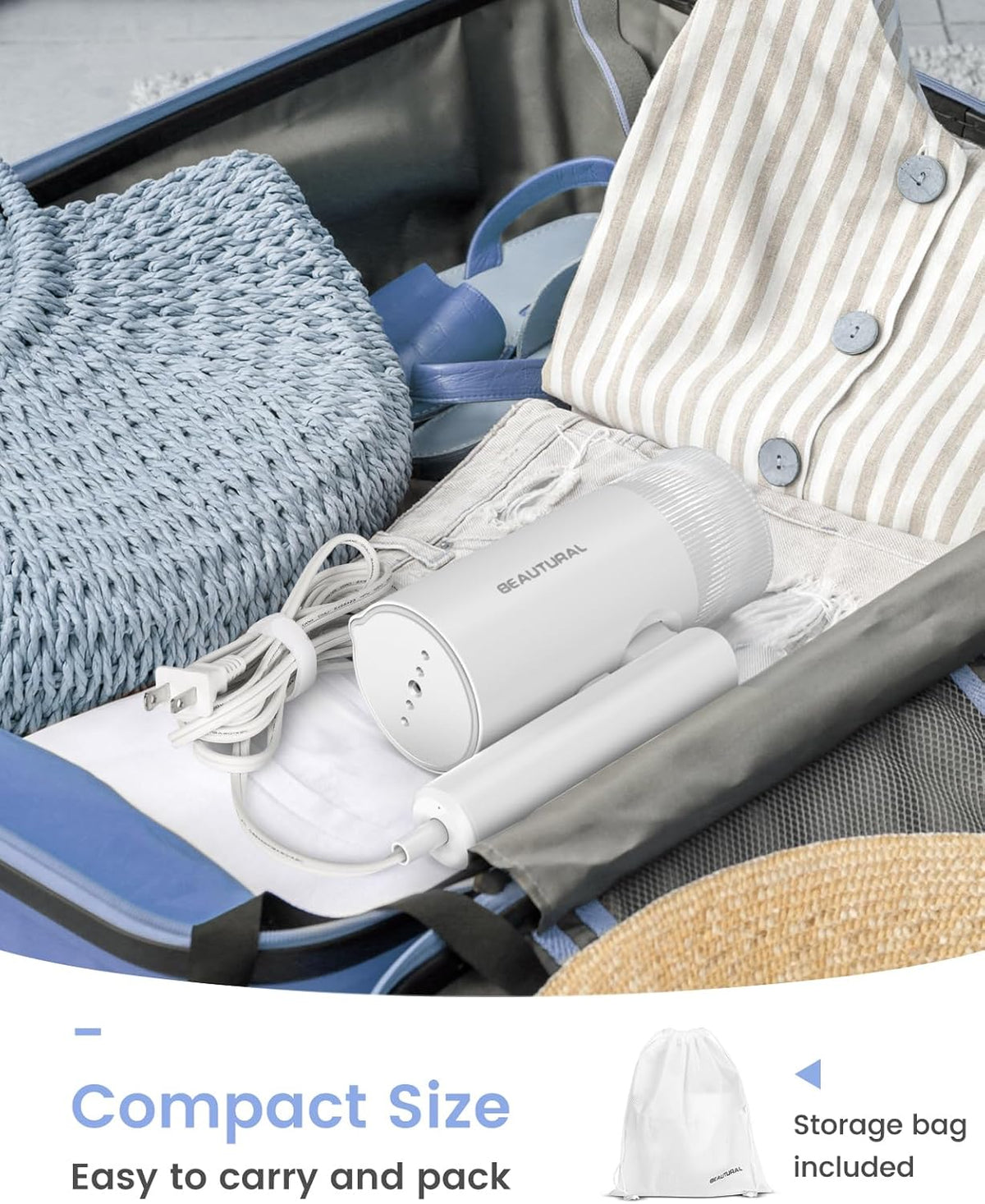 BEAUTURAL Steamer for Clothes, Portable Garment Wrinkle Remover, Fast 30s Heat-up, Foldable and Handheld, 120V Only (Not for 220V Europe)