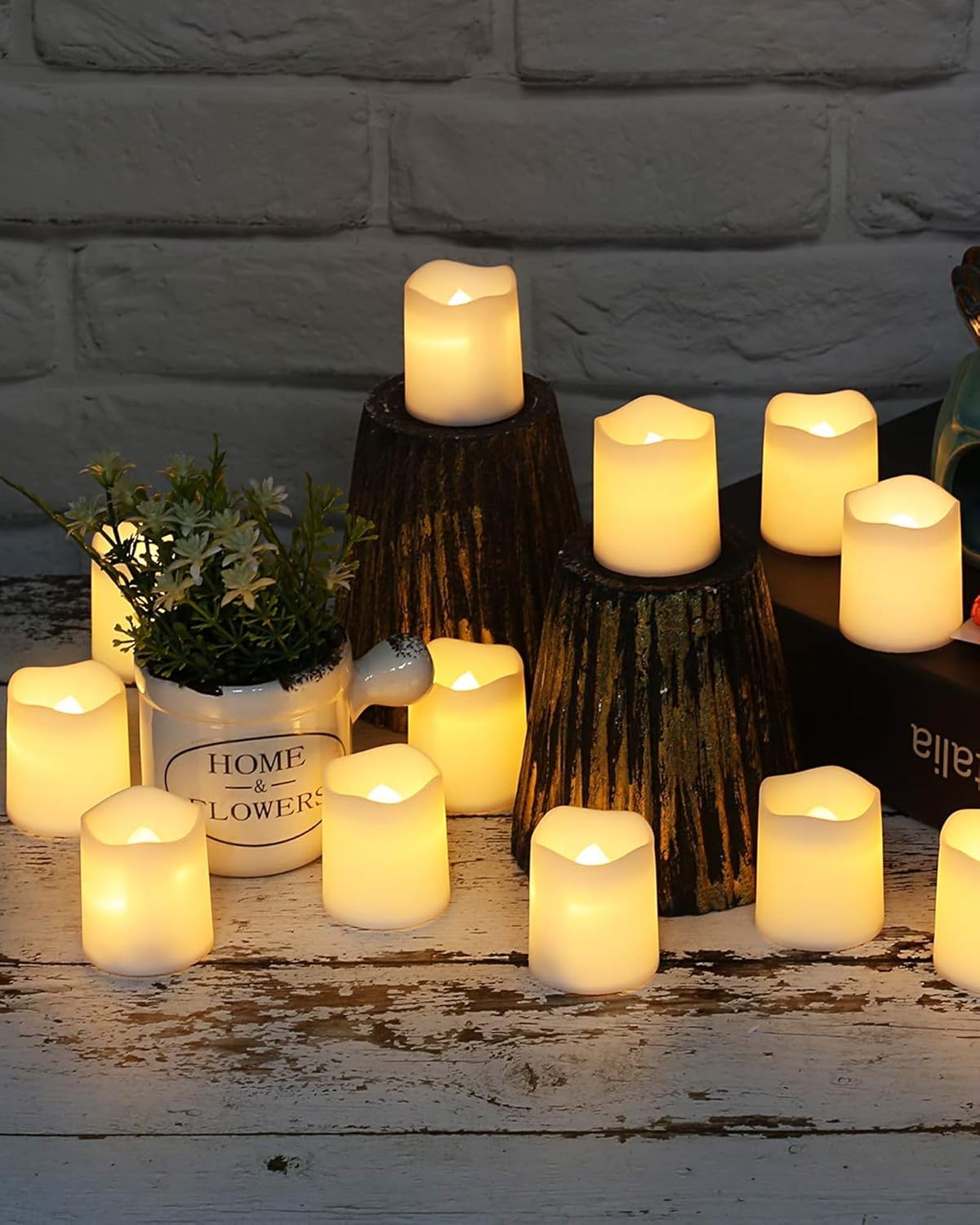 SHYMERY Flameless Votive Candles,Flameless Flickering Electric Fake Candle,24 Pack 200+Hour Battery Operated LED Tea Lights in Warm White for Wedding, Table 1.5"X1.7"