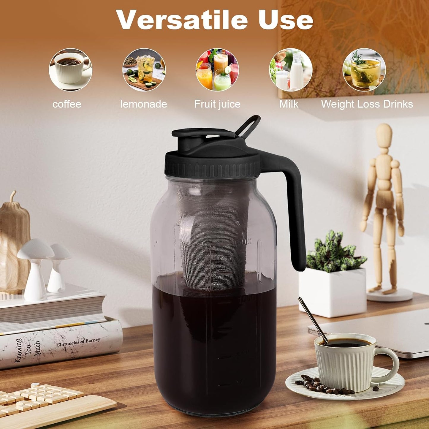 Cold Brew Coffee Maker,64 oz Mason Jar Pitcher with Stainless Steel Filter, Pour Spout Handle Lid, Heavy Duty Glass Airtight & Leak-Proof for Iced Coffee,Tea & Lemonade