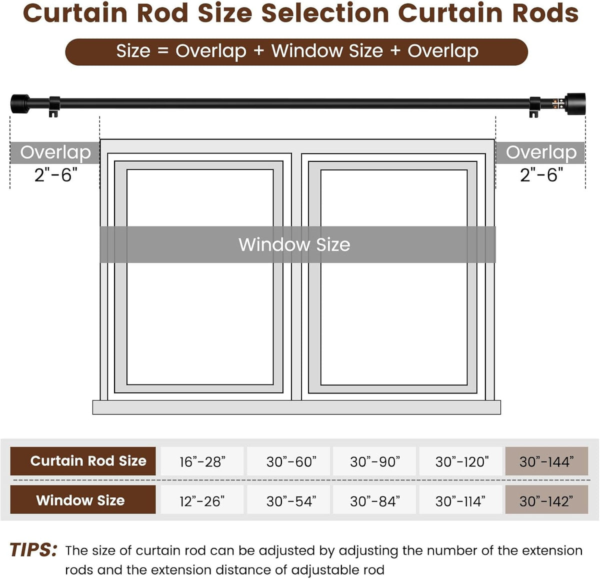 1” Diameter Curtain Rods Itself is 30 to144 inch 1 Pack Fit 30-142 inch, 66 to 120 inch Window with Heavy Duty Adjustable Rod Matte Black Curtain Splicing Metal Extra Long Curtain Rod for Windows