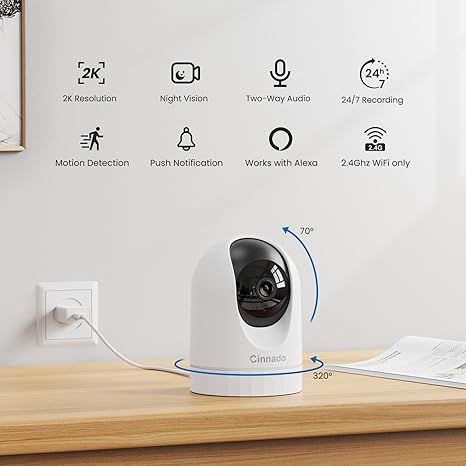 Security Camera Indoor-2K 360° WiFi Cameras for Home Security，Pet/Dog/Baby Camera with Phone app, 2-Way Audio, Night Vision, 24/7 SD Card Storage, Works with Alexa & Google Home (2.4Ghz)-D1