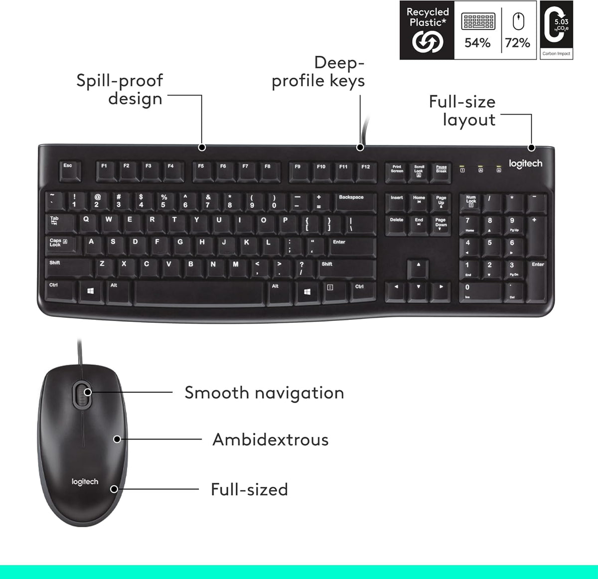 Logitech MK120 Wired Keyboard and Mouse Combo for Windows, Optical Wired Mouse, Full-Size, USB, Compatible with PC, Laptop - Black
