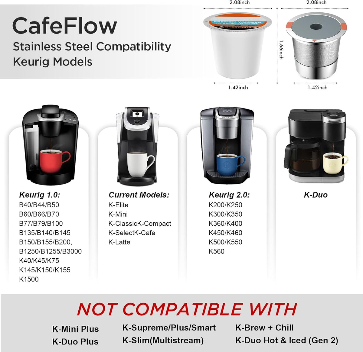 Noalto Reusable K Cups and Coffee Pods,Universal stainless steel k Cups for Keurig 2.0 and 1.0 Coffee Makers machine(2pack)