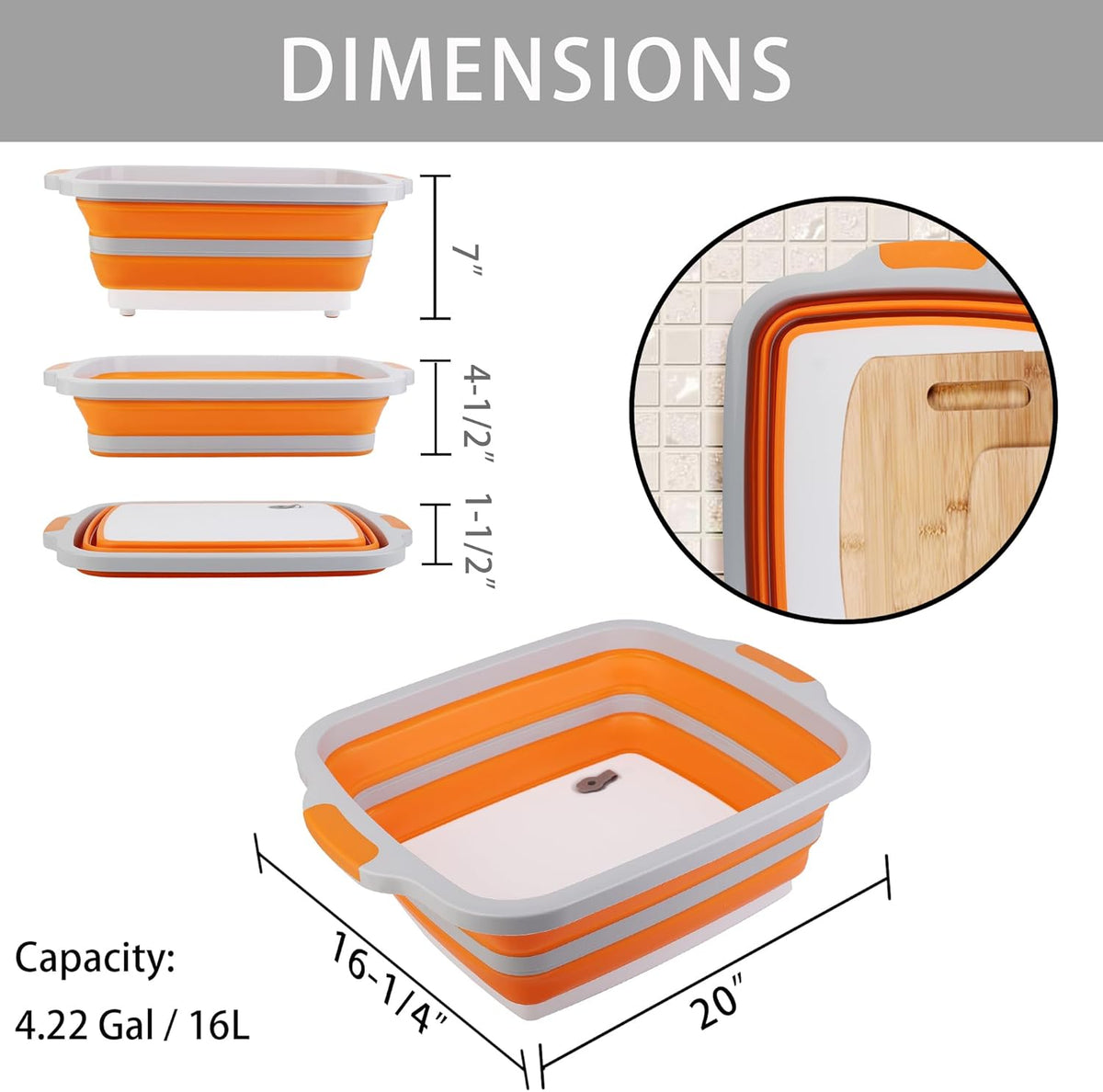 Tiawudi Large Collapsible BBQ Prep Tub with Lid(4.22 Gal/16L), Foldable Camping Sink with Colander, Cutting Board, Dish Basin for Kitchen, Bowl, Vegetable and Fruit, Storage Basket for Picnic