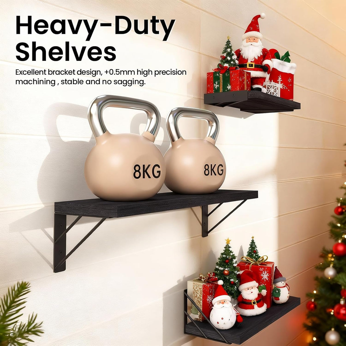 BAYKA Wall Mounted Floating Shelves, Wood Floating Wall Shelf for Books & Decor, Small Space-Saving Display & Organizer（Black，Set of 4）