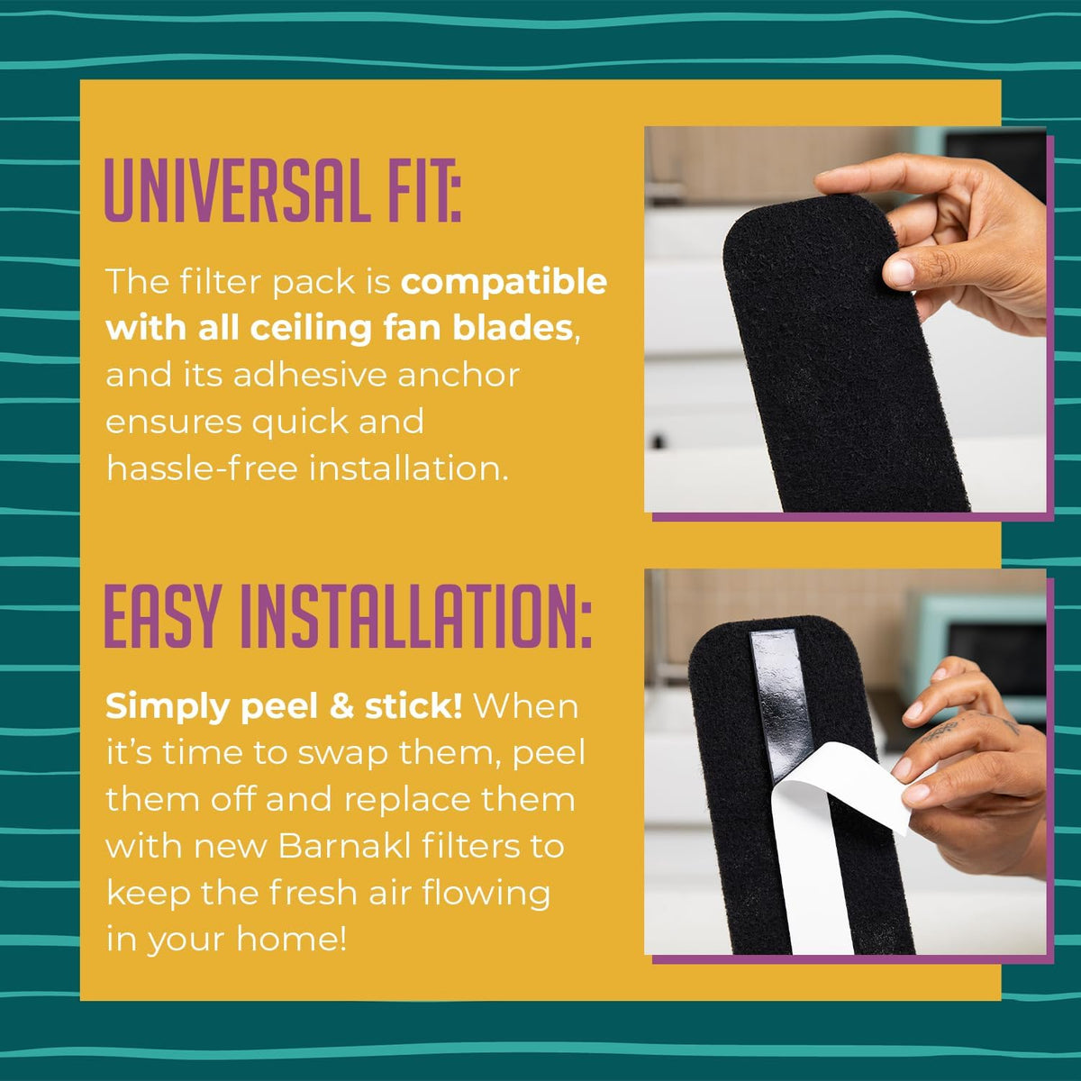 Ceiling Fan Air Purifier Pads, Activated Coconut Shell Carbon Fan Filters Trap Dust, Odors & Allergens, Easy-Stick Universal Fit for Ceiling Fan Blades, Odorless & Unscented - (5 Count)