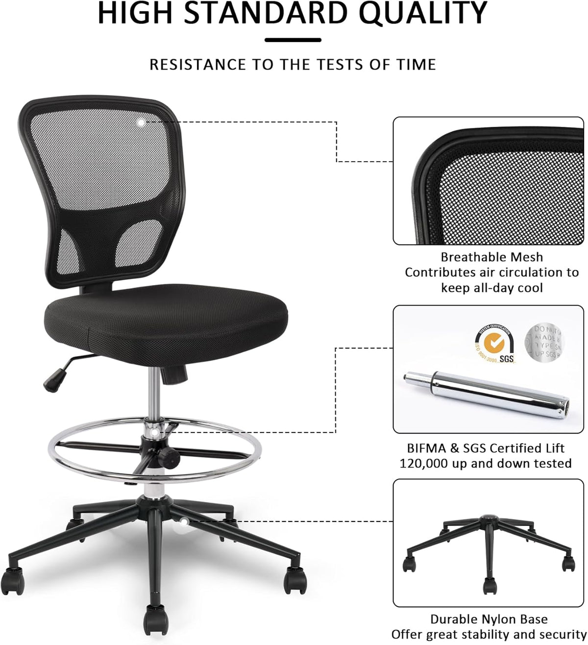 Armless Drafting Chair Tall Office Chair Adjustable Height High Back Ergonomic Desk Chair Drafting Stool Rolling Bar Stools Chairs with Footrest and Wheels