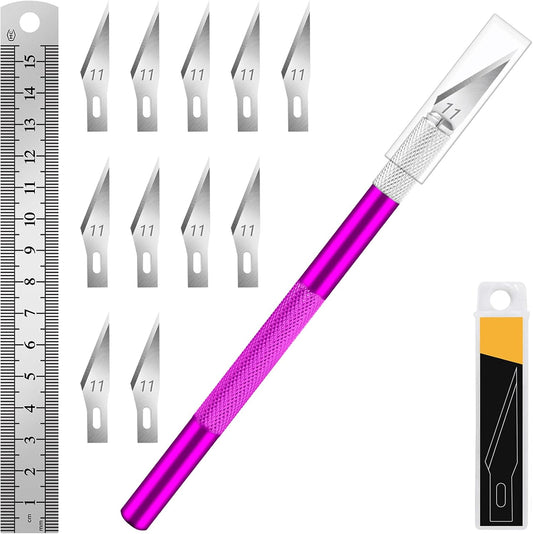 DIYSELF 1 Pcs Craft Knife Hobby Knife with 11 Pcs Stainless Steel Blade Kit, 1pcs Steel 15CM Ruler for Art, Scrapbooking, Stencil (Purple)