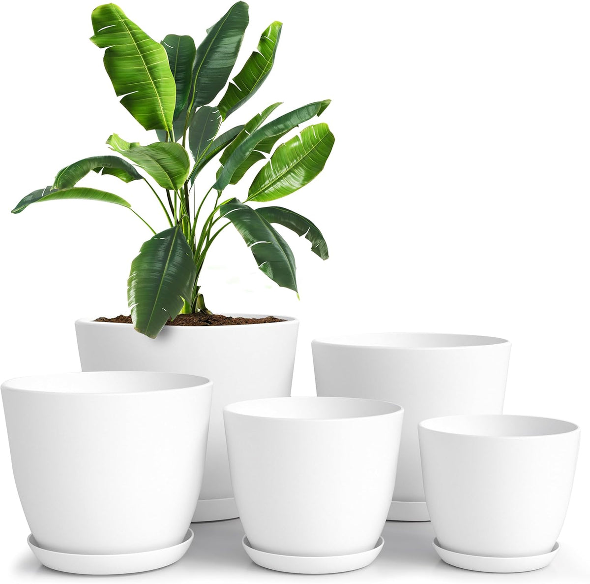 Utopia Home - Plant Pots Indoor with Drainage - 7/6.6/6/5.3/4.8 Inches Garden Flower Pots for Indoor Planter - 5 Pack White Plastic Planters - Ideal for Stocking Stuffers or Room, Office Home Decor