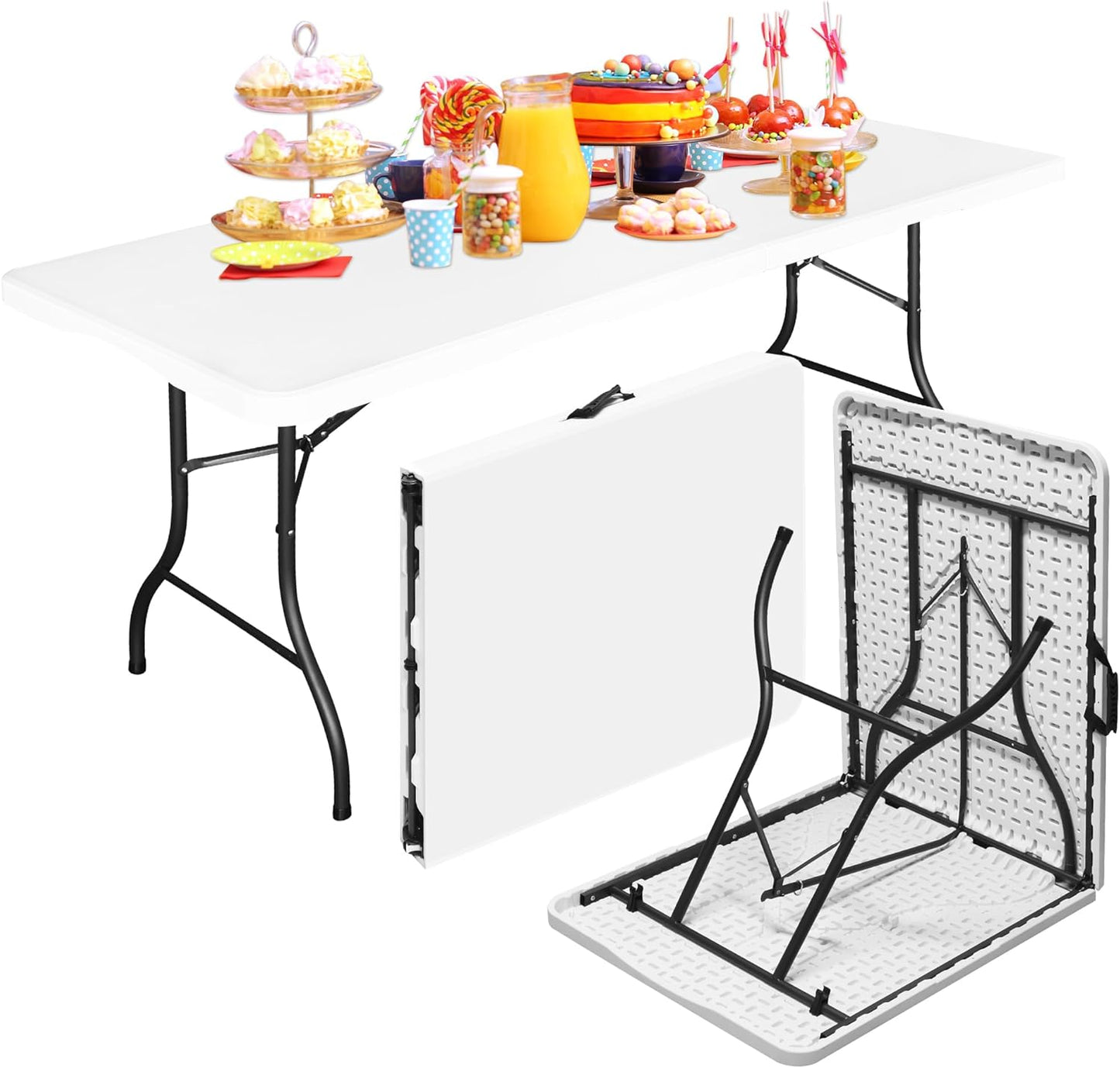 Bblife 6FT Folding Tables Heavy Duty Folding Table, Multi-Functional Fold up Table for Outdoor Camping Picnic Parties, Indoor Events White Training Table with 330lbs Static Weight Capacity