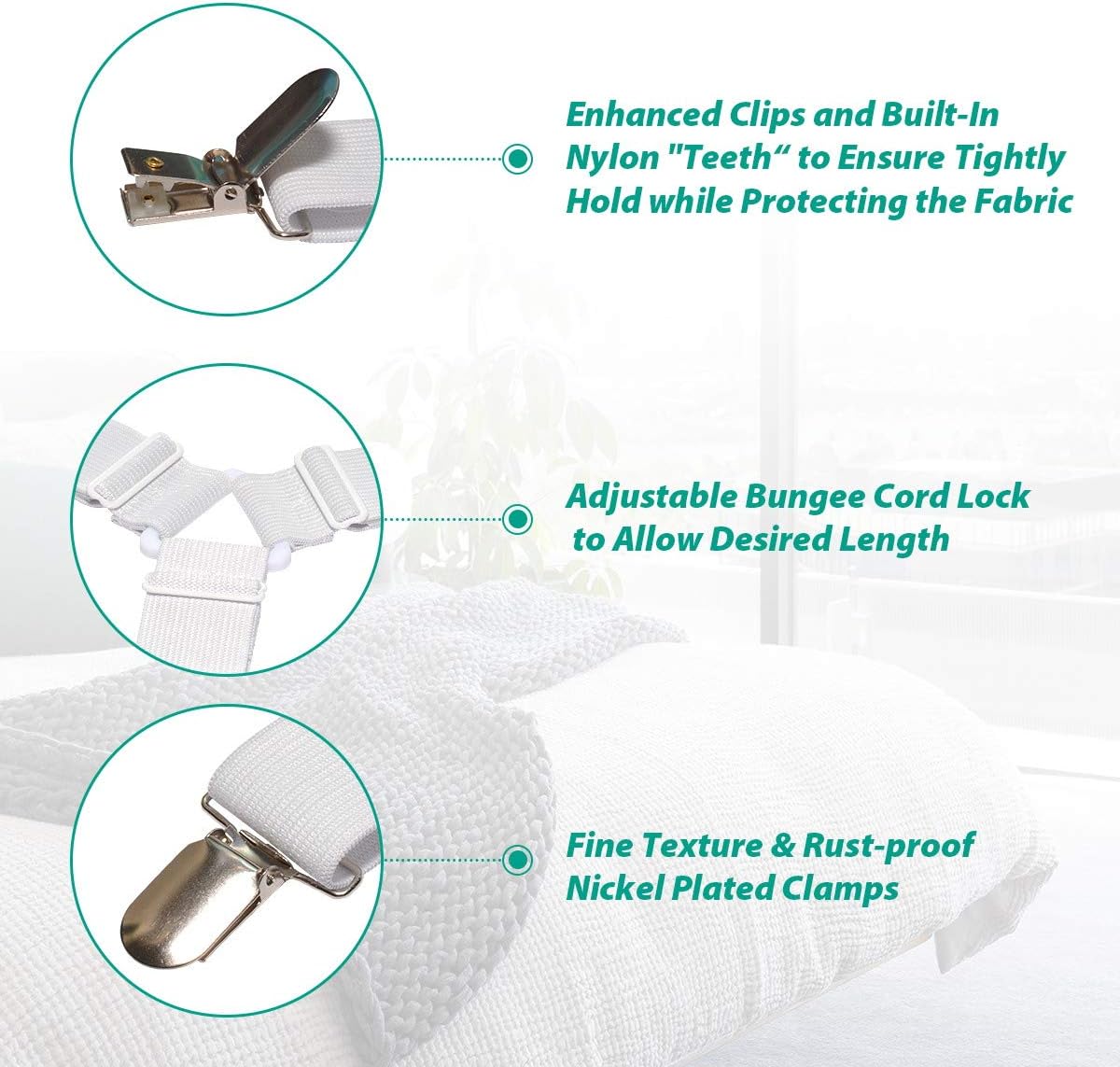 Bed Sheet Fasteners, Adjustable Mattress Suspenders, Mattress Cover Straps, Bed Corner Holder and Keepers and the Bed Sheet Grippers Clips (Triangle White Set of 4)