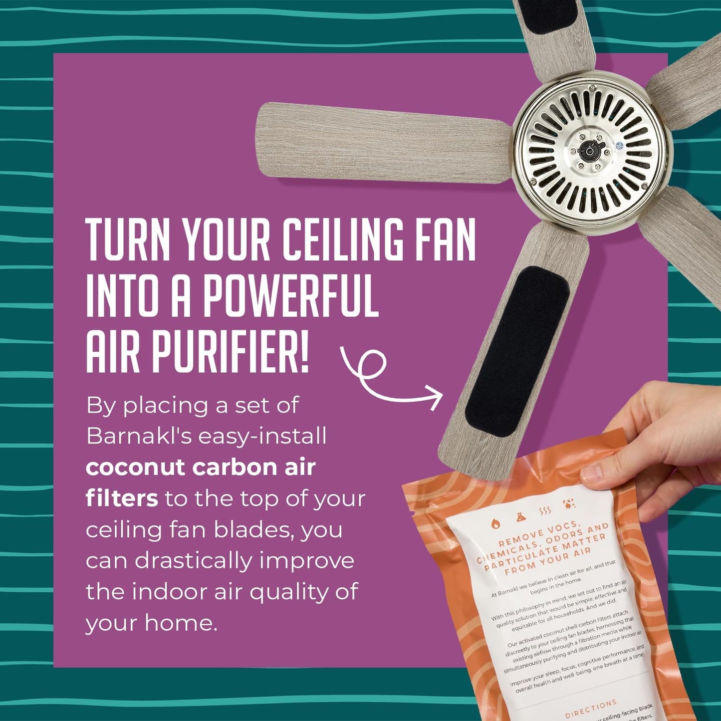 Ceiling Fan Air Purifier Pads, Activated Coconut Shell Carbon Fan Filters Trap Dust, Odors & Allergens, Easy-Stick Universal Fit for Ceiling Fan Blades, Odorless & Unscented - (5 Count)