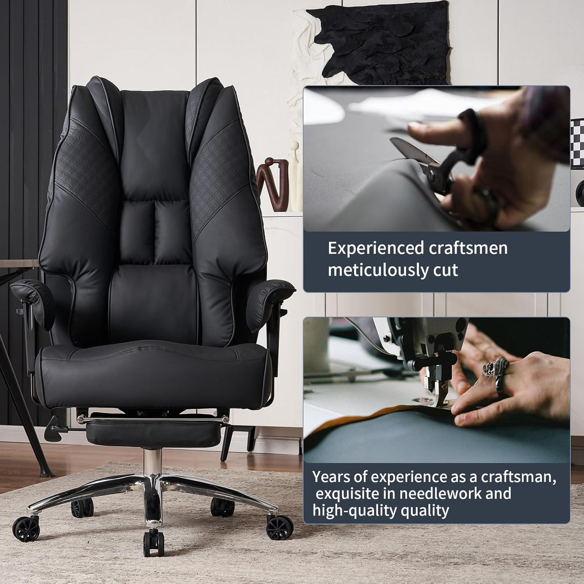 Big and Tall Office Chair 400lbs Wide Seat, Leather High Back Executive Office Chair with Foot Rest, Ergonomic Chairs Lumbar Support for Lower Back Pain Relief (Black)