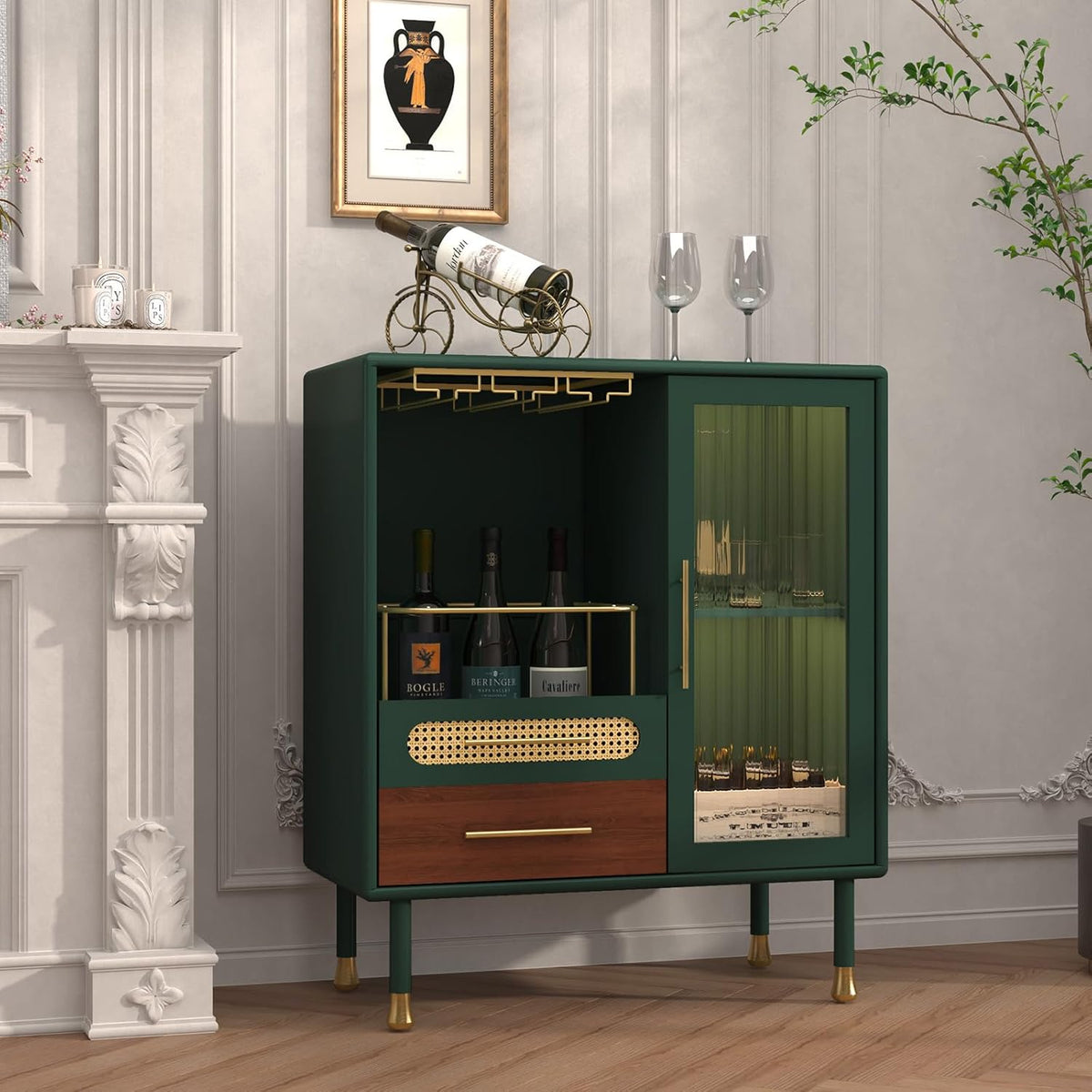 ARTPOWER Modern Coffee Bar Cabinet with Wine Glass Rack and Drawers, Green Liquor Cabinet with Pull-Out Wine Storage for Kitchen, Dining Room, Living Room